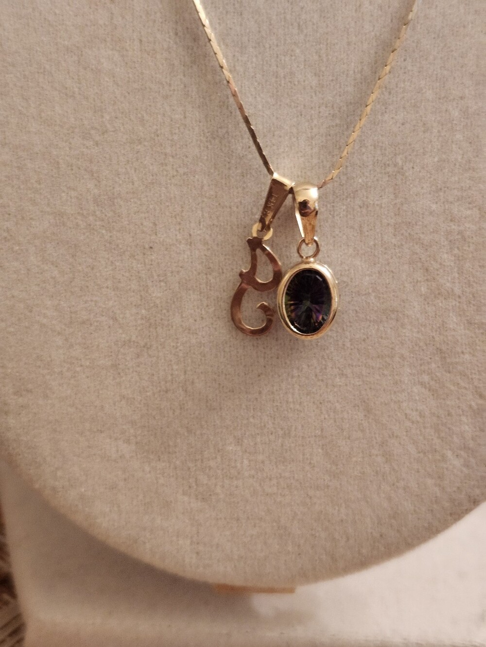 14kt Gold-Tone Necklace with Oval Mystic Stone and Script Charm